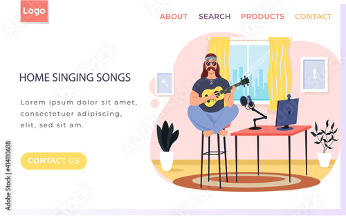 Male hipster bard with ukulele in hands. Musician is playing strings on instrument. Person creates music. Man with musical instrument. Guitarist playing guitar in living room