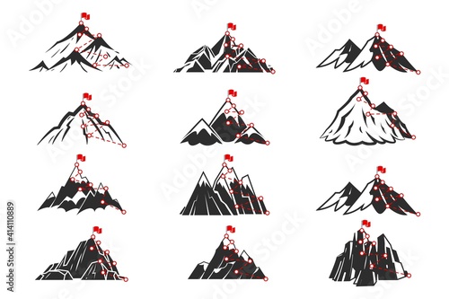 Mountain path. Sketch route to mountain peak set. Different mountains shapes. Trekking or hiking outdoor activities, road to goal, victory and winning symbol. Vector success concept