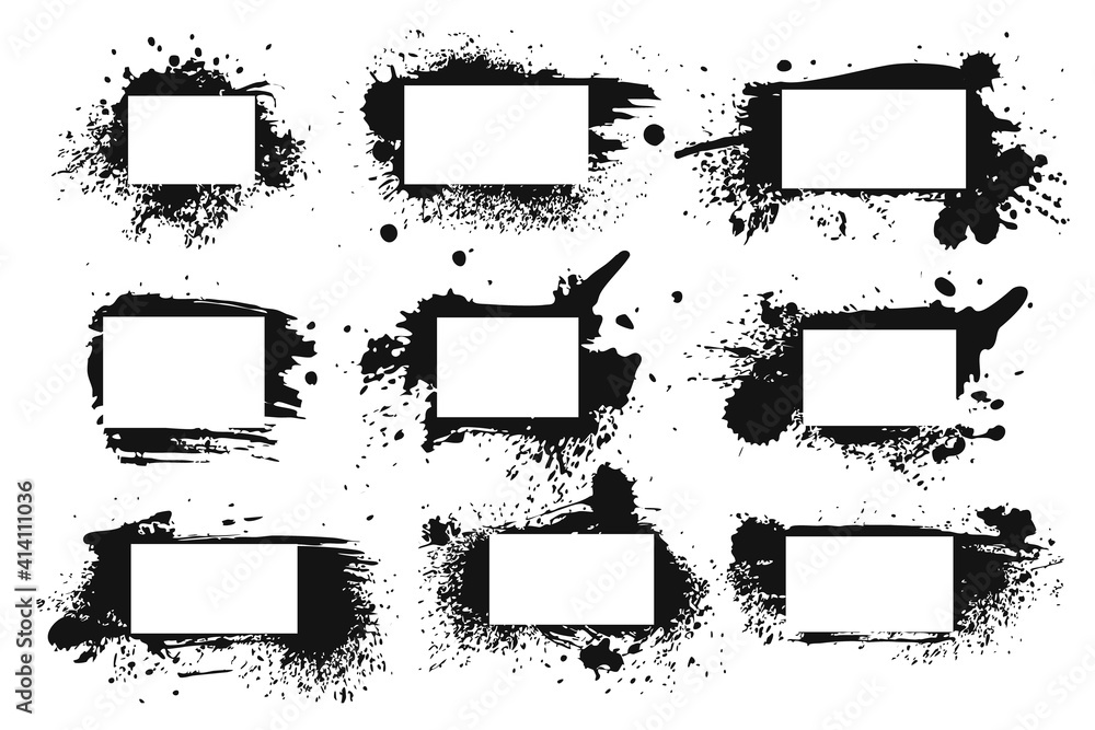 Spray ink frame. Grunge inked black border set, abstract rough texture with splashes and stains of paint, decorative silhouettes with copy space, square and rectangle vector shapes Spray ink frame. Grunge inked black border set, abstract rough texture with splashes and stains of paint, decorative silhouettes with copy space, square and rectangle vector shapes