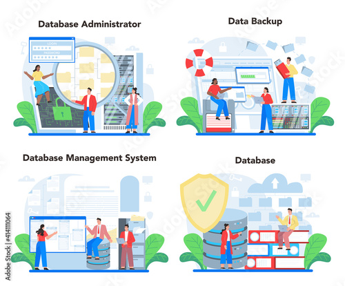 Data base administrator concept set. Admin or manager working