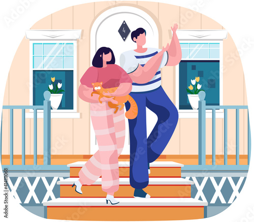 Couple pet owners holding ginger cat on hands going down steps. Happy people walking with kitten. Man and woman are having leisure spend time with domestic animal cute kitty, stroking him gently