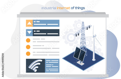Industrial internet of things. Smart alternative energy concept webpage with solar panels, wind turbines, battery storage, high voltage electricity power transmission grid. 4ir revolution, AI, IoT