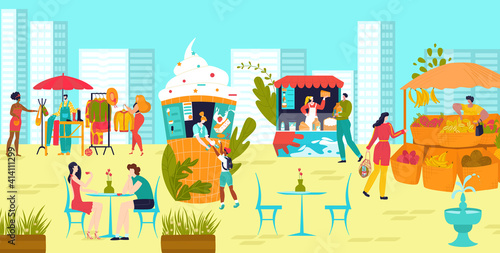 People male female character buy clothes, food street market and stall flat vector illustration. Urban background, city park with outdoor marketplace, international holiday fair place.