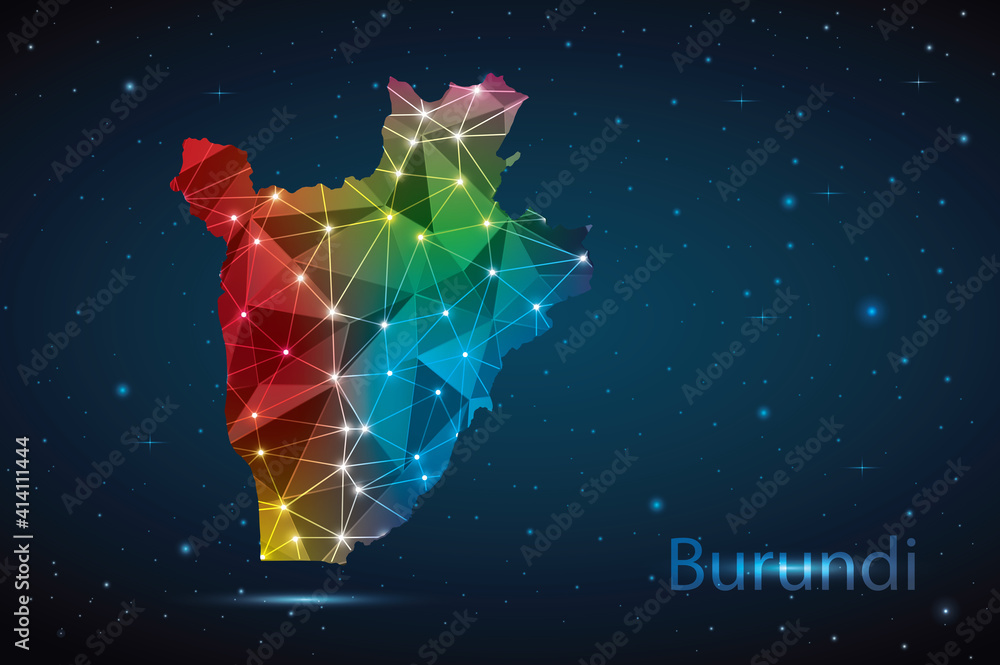 Abstract Polygon Map of Burundi. Vector Illustration Low Poly Color Rainbow on Dark Background. Abstract Polygon Map of Burundi. Vector Illustration Low Poly Color Rainbow on Dark Background.