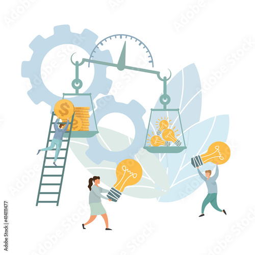 Groups people who inject money into an idea on swing and outweighs it, the concept of overweight, value, purchase. dumbbells with a light bulb and gold coins. Investment management with characters.
