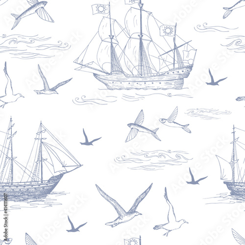 Nautical pattern. Hand drawn realistic outline vector illustration.