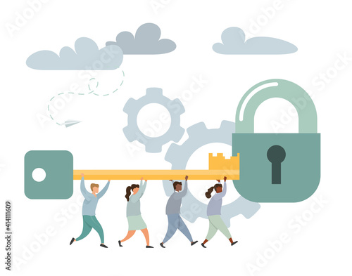 Business Solution Concept. Businessmen Holding Big Key Together and Trying to Open Keyhole. Flat People Teamwork Strategy. Vector illustration
