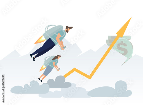 Business man and woman flying off with jet pack vector flat illustration. Female office worker flying up by rocket take off ground. Business concept career boost, start up and growth business process