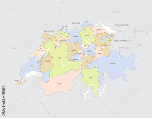 Fototapeta Naklejka Na Ścianę i Meble -  Detailed location map of Switzerland in Europe with administrative divisions of the country, vector illustration