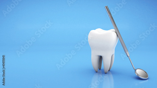 Tooth and dental mirror. Dental treatment. Copy space for text on a blue background. 3d render © adragan