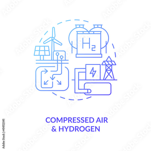 Compressed air and hydrogen energy storage system concept icon. Renewable resources of wind and solar energies idea thin line illustration. Vector isolated outline RGB color drawing
