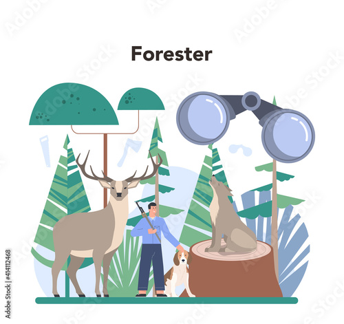 Forester concept. Wood protection and rehabilitation. Forest ranger