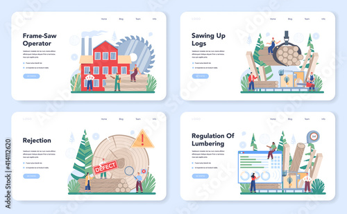 Wood industry web banner or landing page set. Frame saw operator