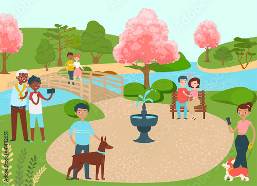 Lovely place for people, group human walk dog, cozy river character stroll outdoor garden flat vector illustration. Spring park, couple woman man rest peacefully fountain location.