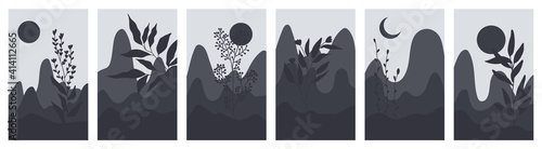 Black silhouette of a landscape. Set of landscapes with trees and vegetation. Mountains with sunset and botanical illustration. Vector stock illustration. Hills, sun, moon. For social media.