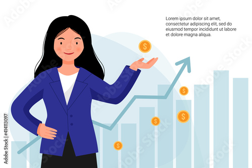 Woman in a jacket successfully invests her money. A girl stands with coins in her hands on the background of graphs. Financial literacy. Investment training. 