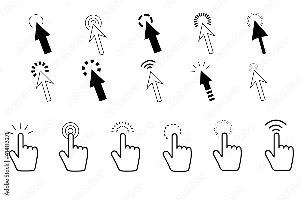 Arrow icons set. Hand with forefinger, cursor, pointer, click button. Mouse click.
Website and app signs. Vector illustration. Arrow icons set. Hand with forefinger, cursor, pointer, click button. Mouse click.
Website and app signs. Vector illustration.