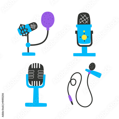 Set of hand-drawn microphones for recording audio, podcasts, and music. Bright vector illustration in a trendy style for banners, websites, packaging.