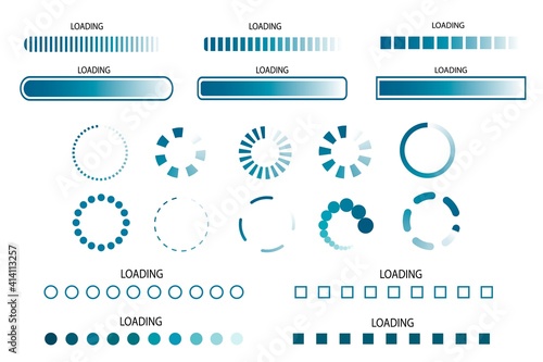Big set of download progress icons, speed indicator showing the status of file download from the Internet. Application interface button template for games, sites. Vector illustration
