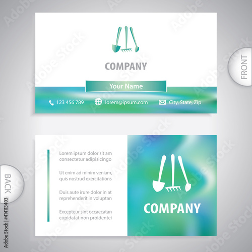 Business card template. Gardening tools such as a spade, rake, hoe. Seasonal garden cleaning. Agricultural work.