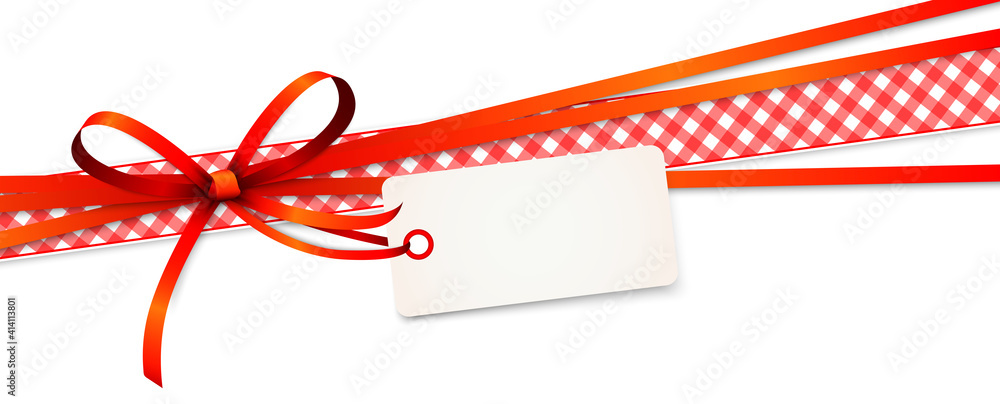 red colored ribbon bow with hang tag - obrazy, fototapety, plakaty 