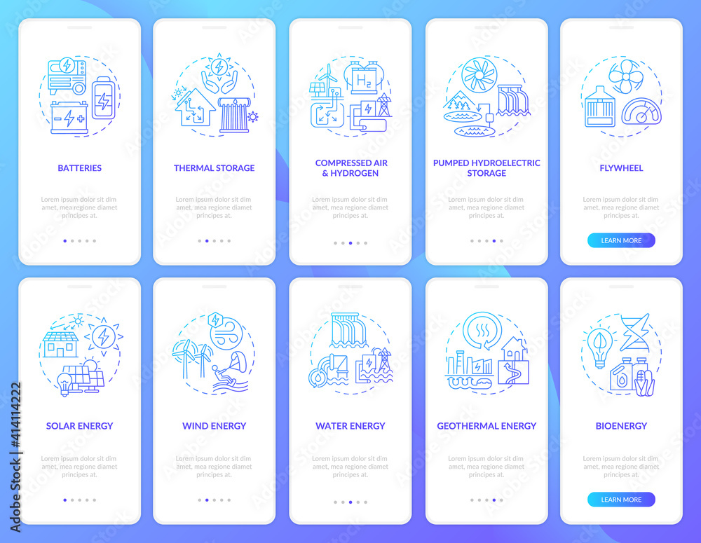 Bioenergy and batteries onboarding mobile app page screen with concepts set. Geothermal energy walkthrough 5 steps graphic instructions. UI vector template with RGB color illustrations