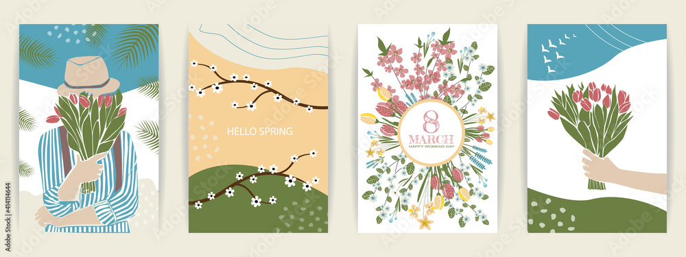 Set of cute abstract  illustrations people and spring. Girls with bouquets of flowers, March 8 and spring mood.  Vector  poster, card, invitation, placard, brochure, flyer   Contemporary, minimalism