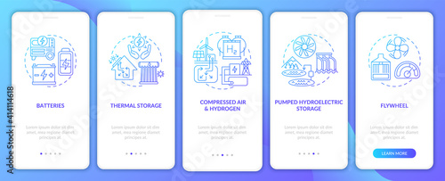 Compressed air and hydro onboarding mobile app page screen with concepts. Hydroelectric storage walkthrough 5 steps graphic instructions. UI vector template with RGB color illustrations