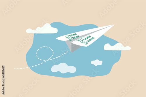 Productivity and efficiency to completed tasks, done checklist or todo list, working plan achievement concept, paper airplane origami with ticked checkbox as done or completed flying high to the sky.