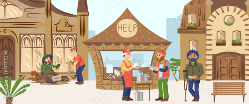 Volunteer character male help people, male feed poor needy people, disabled human receive support flat vector illustration. Town square poor country, donate miserable world population.