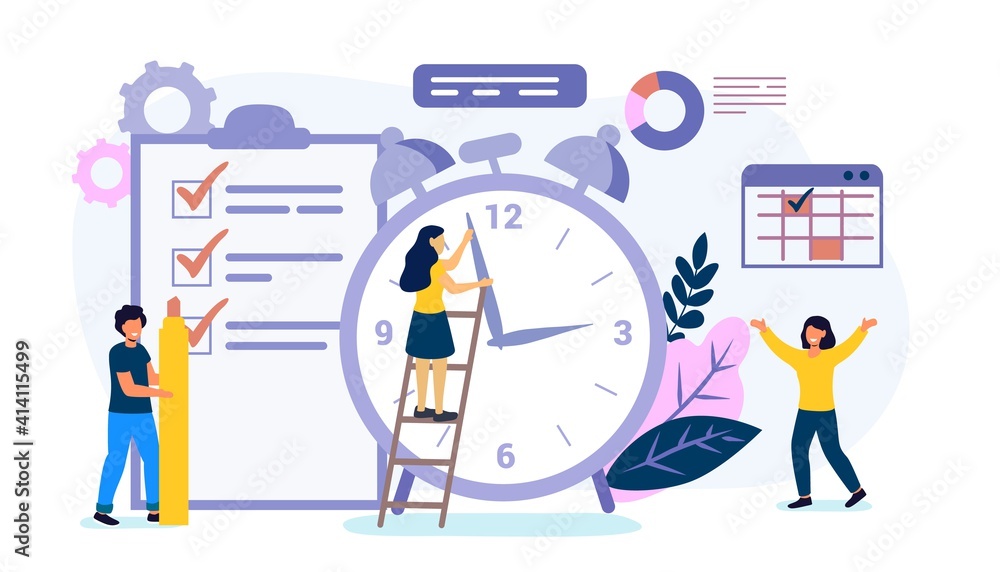 Fototapeta premium Deadline Time management on the road to success Metaphor of time management in team Concept of multitasking performance timeline Flat style design vector illustration