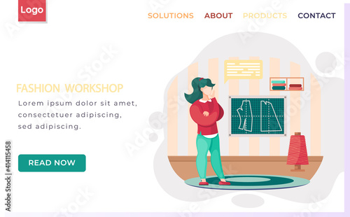 Fashion workshop landing page template designer making model. Tailor selects material and spool of thread. Dressmaker is standing in room and looking at clothes pattern. Sewing workshop, atelier