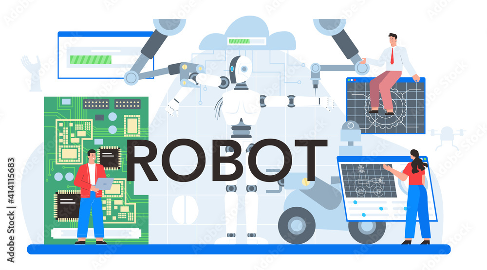 Robot typographic header. Robotic engineering and constructing. Robot typographic header. Robotic engineering and constructing.