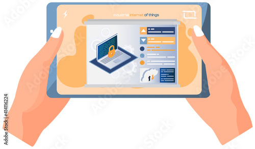 Data security access concept. Padlock on computer monitor. Desktop or laptop protect sensitive data. Internet security. Modern digital technologies, reliable software, industrial internet of things