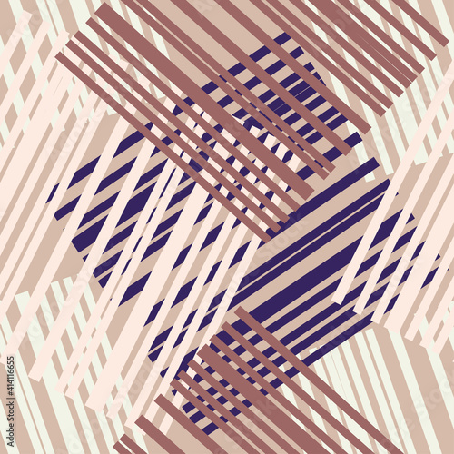 Stripes. Mosaic with geometric shapes. Seamless pattern. Design with manual hatching. Textile. Ethnic boho ornament. Vector illustration for web design or print.