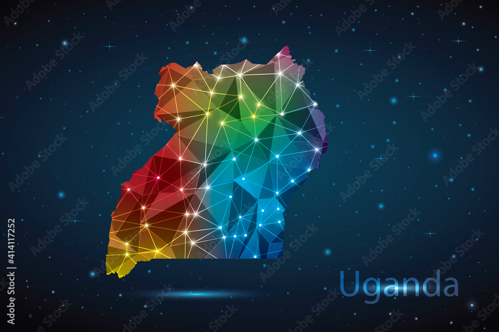 Abstract Polygon Map of Uganda. Vector Illustration Low Poly Color Rainbow on Dark Background. Abstract Polygon Map of Uganda. Vector Illustration Low Poly Color Rainbow on Dark Background.