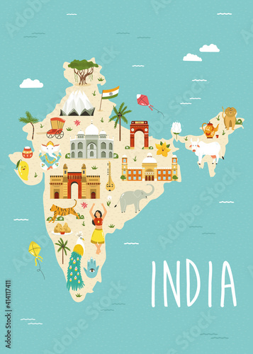 Illustrated map of India with famous landmarks, symbols and animals.