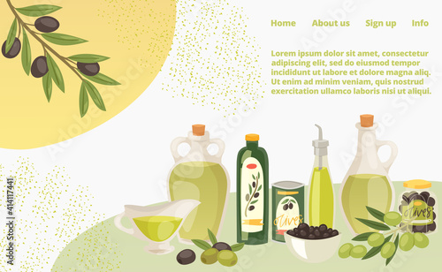 Natural organic olive oil concept landing page, extra virgin bottle butter cartoon vector illustration. Website online banner, web flyer healthy cooking stuff, internet business page.