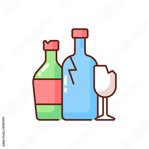 Glass recycling RGB color icon. Waste glass processing into usable products. Wine and soft drink bottles. Jars for food, cosmetics. Non-biodegradable materials. Isolated vector illustration