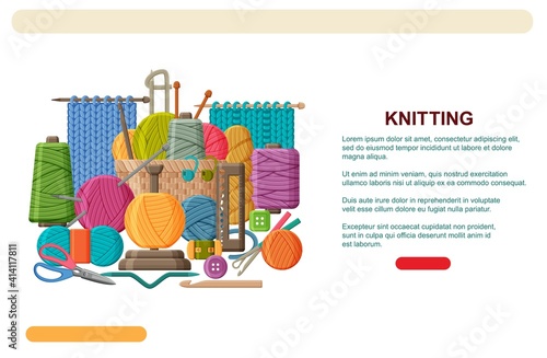 Yarn and knitting tools, needles, hook and scissors. Knitting, crochet web banner template or landing page. Vector illustration