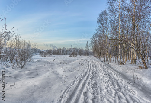 Winter landscape with frost and snow.