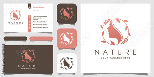 woman face with leaf style stylized silhouette, beauty salon logo, business card design.