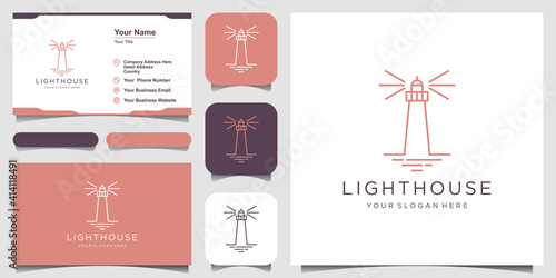 Lighthouse Searchlight Beacon Tower Island Simple Line Art style logo design.
