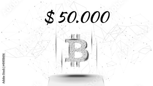 Bitcoin BTC polygonal cryptocurrency token symbol priced at 50000 dollars, coin icon on white background. Digital gold for website or banner. Vector EPS10.