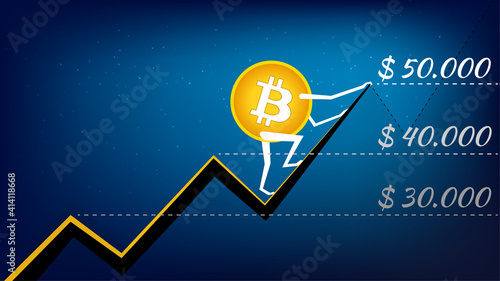 Bitcoin BTC is climbing uptrend arrow towards 50,000 dollars in dark background. Vector illustration for news.