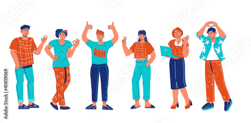 Business team or students group standing in line with greeting gestures, cartoon vector illustration isolated on white background. Friendly smiling colleagues young people. © Anastasia