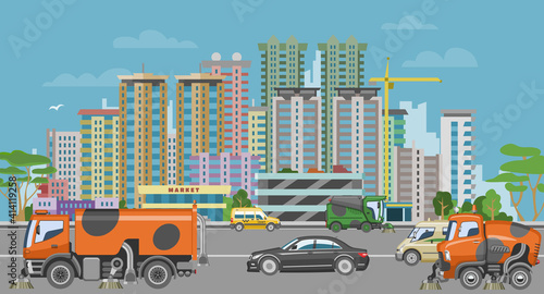 Concept urban cleaning equipment, vehicle sweeper wash city, car machine clean road surface cartoon vector illustration. Purification central business district, town service make traffic jam.