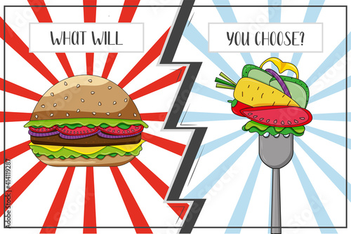a poster with a choice between a hamburger and vegetables, a confrontation between vegetables and fast food