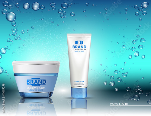 Water hydration Cosmetics packaging product mock up. Shinny blue effect. Bubb...