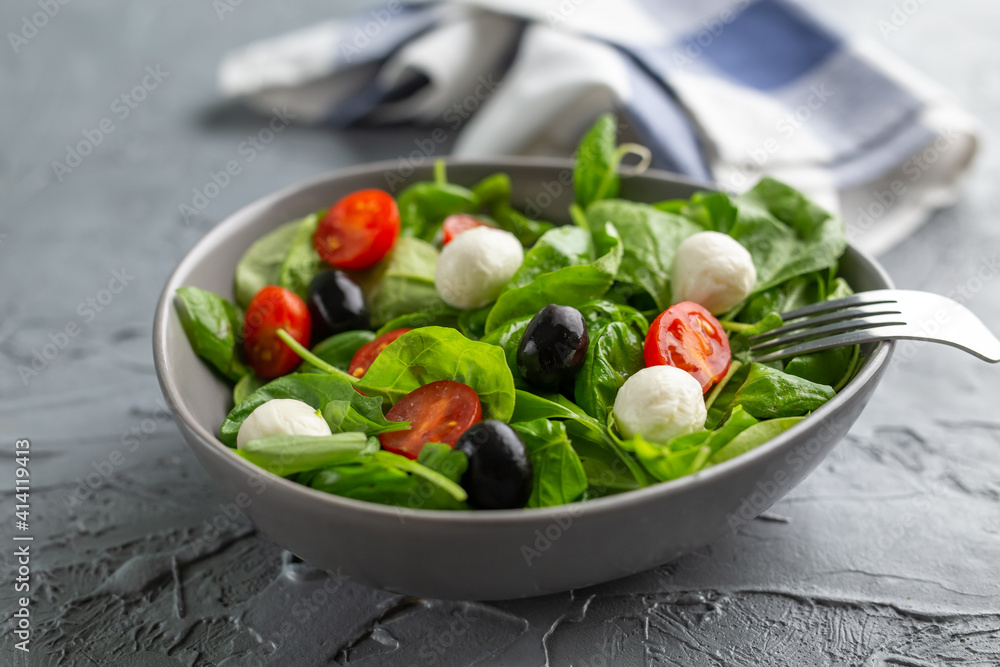 Fresh salad with mozzarella cheese, tomato and spinach. Healthy dieting food. Fresh salad with mozzarella cheese, tomato and spinach. Healthy dieting food.